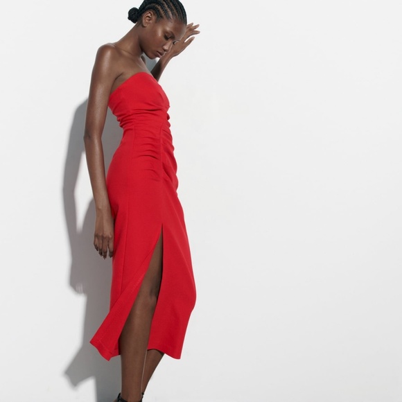 Zara limited edition celeb style ruched tube midi dress with slit - Picture 5 of 8